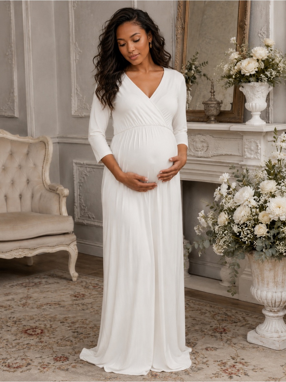 Mother Bee Maternity Ivory 3/4 Sleeve Faux Wrap Ruched Maxi Dress XL